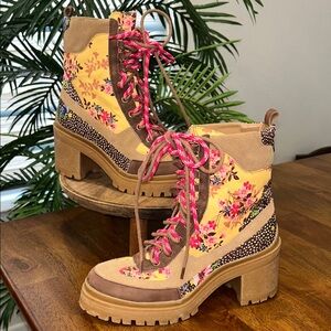 Gianni Bini Yellow and Pink Floral Lace-Up Boots